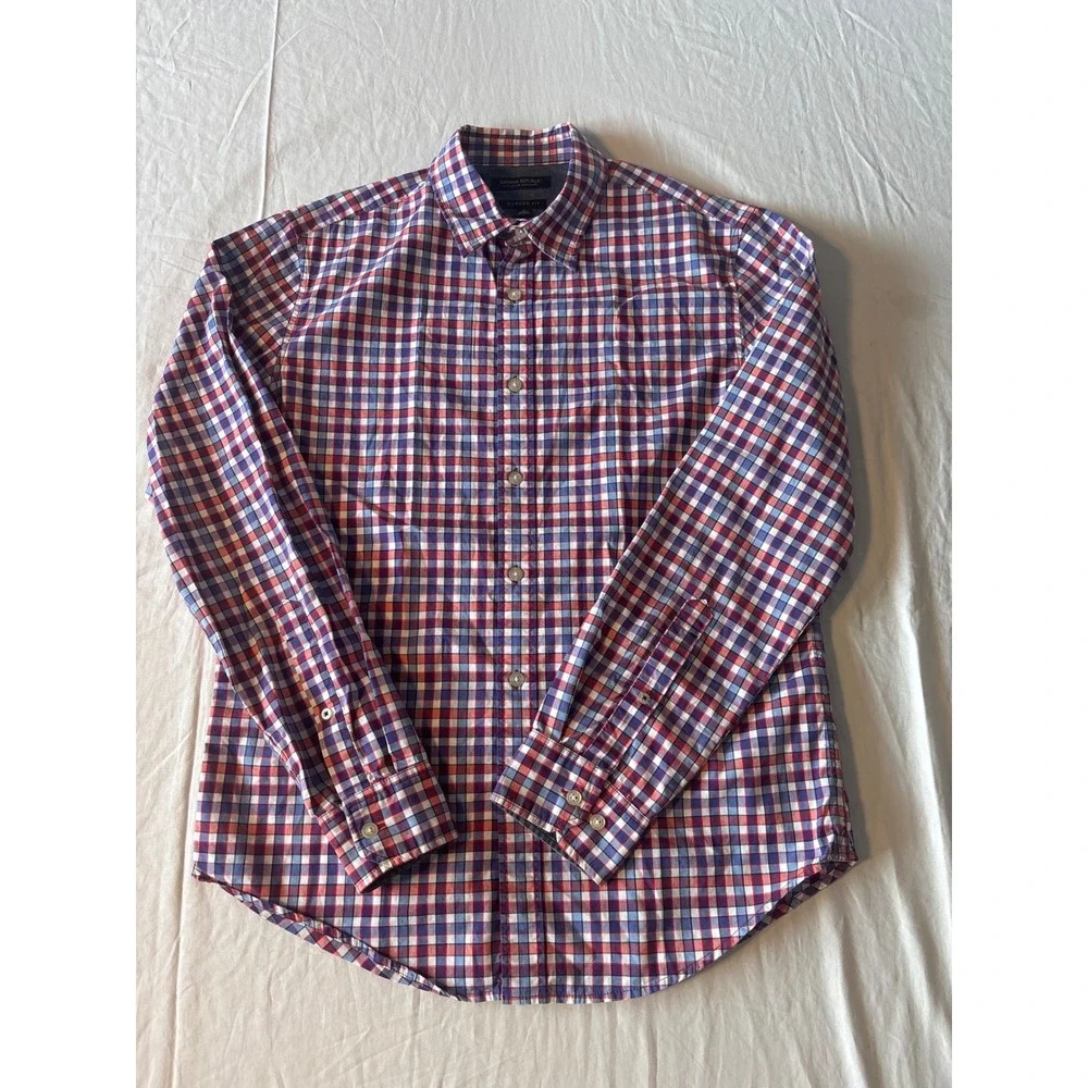 Banana Republic Camden Fit Shirt Mens Medium Red Blue Gingham Check Excellent LS